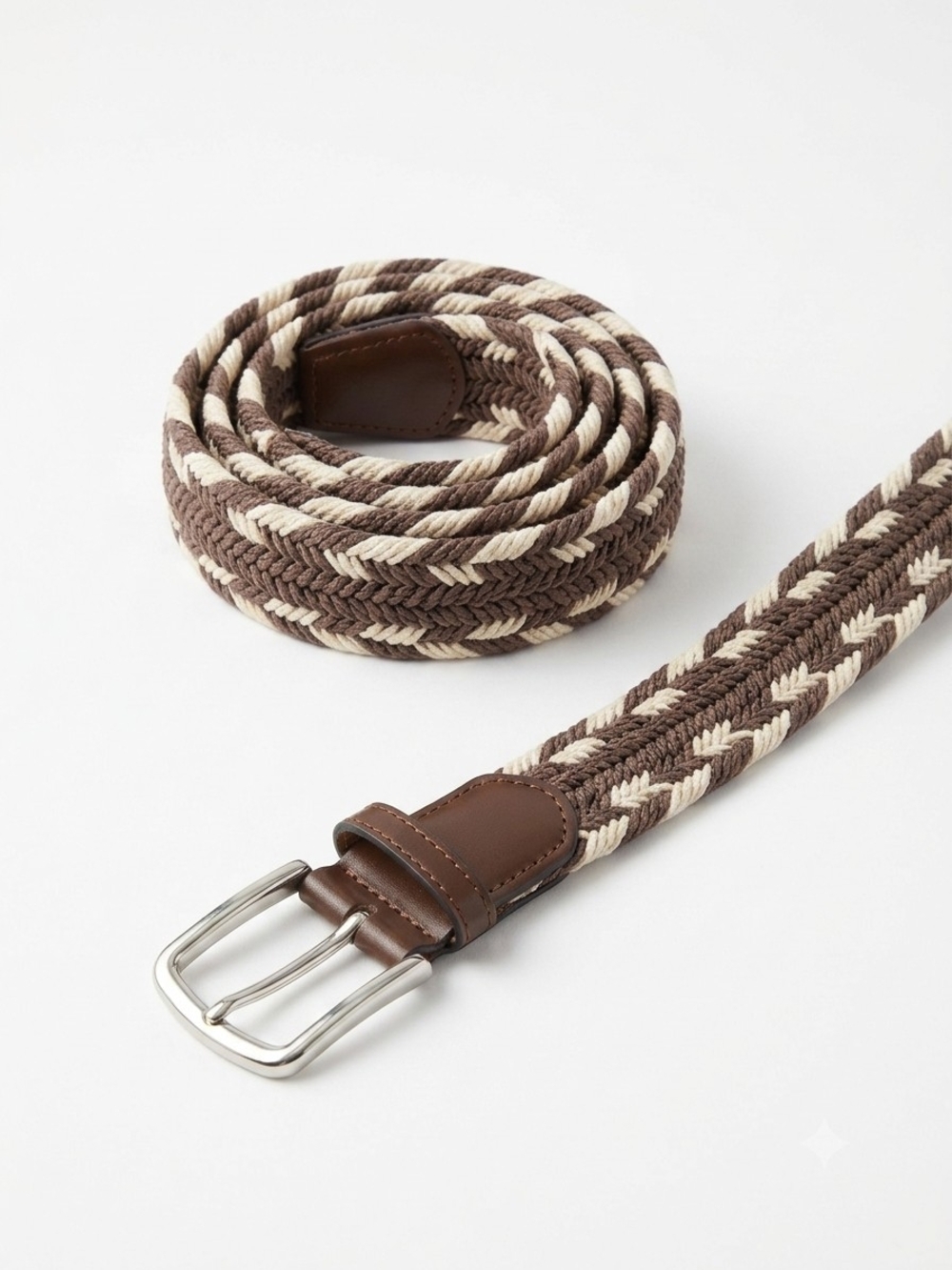 Goodfellow & Co Brown and Cream Braided Stretch Belt with Leather Accents